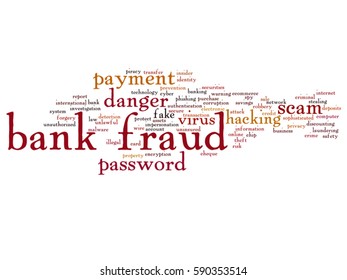 Vector concept or conceptual bank fraud payment scam danger abstract word cloud isolated on background metaphor to password hacking, virus fake authentication crime, illegal transaction identity theft