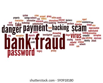 Vector concept or conceptual bank fraud payment scam danger abstract word cloud isolated on background metaphor to password hacking, virus fake authentication crime, illegal transaction identity theft