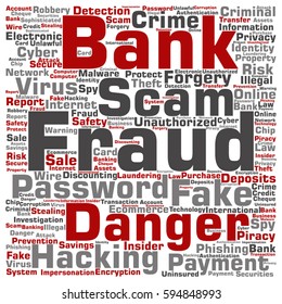 Vector concept or conceptual bank fraud payment scam danger square word cloud isolated on background metaphor to password hacking, virus, fake authentication crime, illegal transaction identity theft