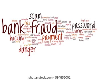 Vector concept conceptual bank fraud payment scam danger abstract word cloud isolated on background metaphor to password hacking, virus, fake authentication crime, illegal transaction identity theft