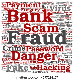 Vector concept or conceptual bank fraud payment scam danger square word cloud isolated on background metaphor to password hacking, virus, fake authentication crime, illegal transaction identity theft