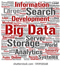 Vector concept or conceptual big data large size storage systems square word cloud isolated on background metaphor to search analytics, world information, nas, development, future internet mobility 