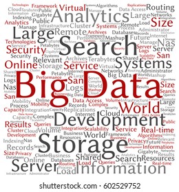 Conceito vetorial ou conceitual Big Data sistemas de armazenamento de grande porte nuvem de palavra quadrada isolada em metáfora de fundo para análise de pesquisa, informações do mundo, nas, desenvolvimento, mobilidade futura da Internet 