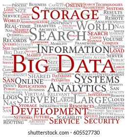 Vector concept or conceptual big data large size storage systems square word cloud isolated on background metaphor to search analytics, world information, nas, development, future internet mobility 