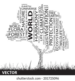Vector concept or conceptual black ecology text word cloud as tree and grass isolated on white background