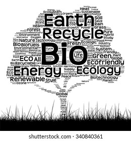 Concepto de vector ecología negra conceptual palabra nube como árbol y hierba aislados en fondo blanco para la naturaleza, ecología, verde, energía, natural, vida, mundo, global, proteger el reciclaje ambiental