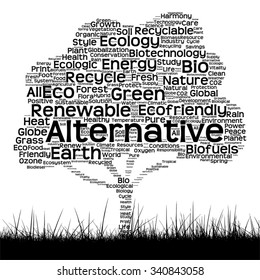 Concepto de vector ecología negra conceptual palabra nube como árbol y hierba aislados en fondo blanco para la naturaleza, ecología, verde, energía, natural, vida, mundo, global, proteger el reciclaje ambiental