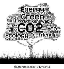 Vector concept conceptual black ecology text word cloud as tree and grass isolated on white background for nature, ecology, green, energy, natural, life, world, global, protect environmental recycling