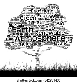 Vector concept conceptual black ecology text word cloud as tree and grass isolated on white background for nature, ecology, green, energy, natural, life, world, global, protect environmental recycling