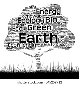 Vector concept conceptual black ecology text word cloud as tree and grass isolated on white background for nature, ecology, green, energy, natural, life, world, global, protect environmental recycling