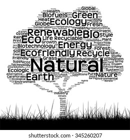 Vector concept conceptual black ecology text word cloud as tree and grass isolated on white background for nature, ecology, green, energy, natural, life, world, global, protect environmental recycling