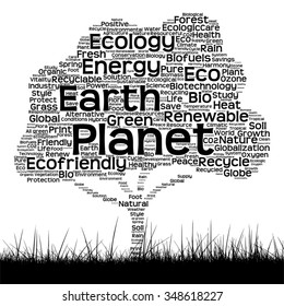 Vector concept conceptual black ecology text word cloud as tree and grass isolated on white background for nature, ecology, green, energy, natural, life, world, global, protect environmental recycling