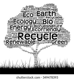Vector concept conceptual black ecology text word cloud as tree and grass isolated on white background for nature, ecology, green, energy, natural, life, world, global, protect environmental recycling