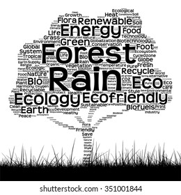 Vector concept conceptual black ecology text word cloud as tree and grass isolated on white background for nature, ecology, green, energy, natural, life, world, global, protect environmental recycling