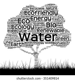 Vektor-Konzept konzeptionell schwarze Ökologie Textwortwolke als Baum und Gras einzeln auf weißem Hintergrund für Natur, Ökologie, Grün, Energie, Natur, Leben, Welt, Global, Umweltschutz Recycling