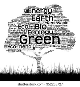 Vektor-Konzept konzeptionell schwarze Ökologie Textwortwolke als Baum und Gras einzeln auf weißem Hintergrund für Natur, Ökologie, Grün, Energie, Natur, Leben, Welt, Global, Umweltschutz Recycling