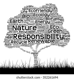 Vector concept conceptual black ecology text word cloud as tree and grass isolated on white background for nature, ecology, green, energy, natural, life, world, global, protect environmental recycling