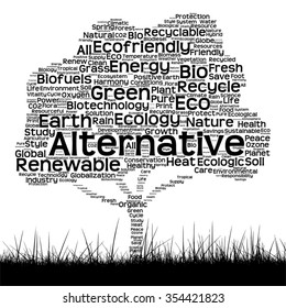 Vector concept conceptual black ecology text word cloud as tree and grass isolated on white background for nature, ecology, green, energy, natural, life, world, global, protect environmental recycling