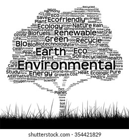 Vector concept conceptual black ecology text word cloud as tree and grass isolated on white background for nature, ecology, green, energy, natural, life, world, global, protect environmental recycling