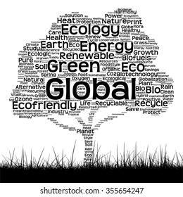 Concepto de vector ecología negra conceptual palabra nube como árbol y hierba aislados en fondo blanco para la naturaleza, ecología, verde, energía, natural, vida, mundo, global, proteger el reciclaje ambiental