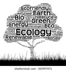 Vector concept conceptual black ecology text word cloud as tree and grass isolated on white background for nature, ecology, green, energy, natural, life, world, global, protect environmental recycling