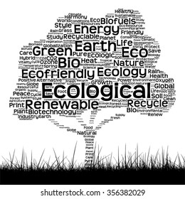Vektor-Konzept konzeptionell schwarze Ökologie Textwortwolke als Baum und Gras einzeln auf weißem Hintergrund für Natur, Ökologie, Grün, Energie, Natur, Leben, Welt, Global, Umweltschutz Recycling