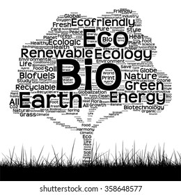 Vector concept conceptual black ecology text word cloud as tree and grass isolated on white background for nature, ecology, green, energy, natural, life, world, global, protect environmental recycling