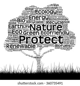 Vector concept conceptual black ecology text word cloud as tree and grass isolated on white background for nature, ecology, green, energy, natural, life, world, global, protect environmental recycling