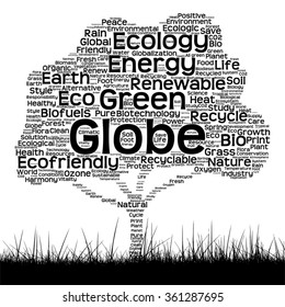 Vector concept conceptual black ecology text word cloud as tree and grass isolated on white background for nature, ecology, green, energy, natural, life, world, global, protect environmental recycling