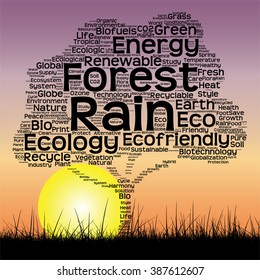 Vector concept or conceptual black ecology text word cloud as tree and grass on sunset sky  background