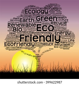 Vector concept or conceptual black ecology text word cloud as tree and grass on sunset sky  background