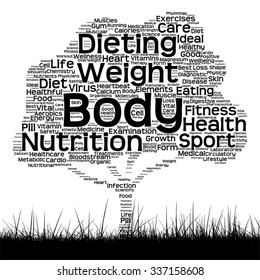 Vector concept or conceptual black health text word cloud as tree and grass isolated on white background metaphor for health, nutrition, diet, wellness, body, energy, medical, sport, heart or science