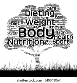 Concepto vectorial o texto conceptual de salud negra palabra nube como árbol y hierba aislados en metáfora de fondo blanco para la salud, nutrición, dieta, bienestar, cuerpo, energía, medicina, deporte, corazón o ciencia