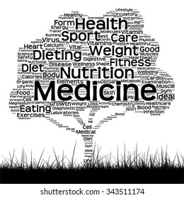 Concepto vectorial o texto conceptual de salud negra palabra nube como árbol y hierba aislados en metáfora de fondo blanco para la salud, nutrición, dieta, bienestar, cuerpo, energía, medicina, deporte, corazón o ciencia