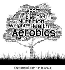 Vector concept or conceptual black health text word cloud as tree and grass isolated on white background metaphor for health, nutrition, diet, wellness, body, energy, medical, sport, heart or science