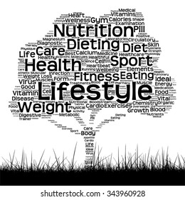 Concepto vectorial o texto conceptual de salud negra palabra nube como árbol y hierba aislados en metáfora de fondo blanco para la salud, nutrición, dieta, bienestar, cuerpo, energía, medicina, deporte, corazón o ciencia