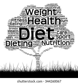 Vector concept or conceptual black health text word cloud as tree and grass isolated on white background metaphor for health, nutrition, diet, wellness, body, energy, medical, sport, heart or science
