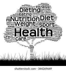 Vector concept or conceptual black health text word cloud as tree and grass isolated on white background metaphor for health, nutrition, diet, wellness, body, energy, medical, sport, heart or science