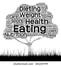 Vector concept or conceptual black health text word cloud as tree and grass isolated on white background metaphor for health, nutrition, diet, wellness, body, energy, medical, sport, heart or science