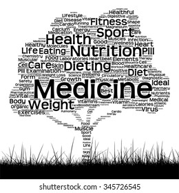 Vector concept or conceptual black health text word cloud as tree and grass isolated on white background metaphor for health, nutrition, diet, wellness, body, energy, medical, sport, heart or science
