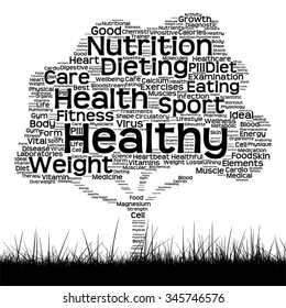 Vector concept or conceptual black health text word cloud as tree and grass isolated on white background