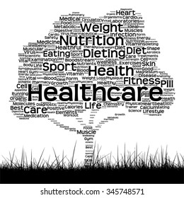 Vector concept or conceptual black health text word cloud as tree and grass isolated on white background metaphor for health, nutrition, diet, wellness, body, energy, medical, sport, heart or science
