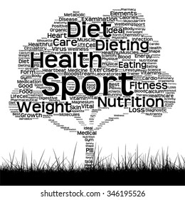 Vector concept or conceptual black health text word cloud as tree and grass isolated on white background metaphor for health, nutrition, diet, wellness, body, energy, medical, sport, heart or science