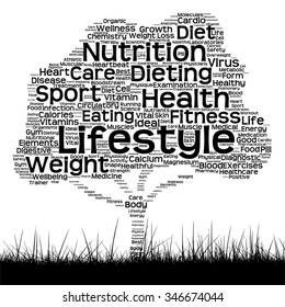 Vector concept or conceptual black health text word cloud as tree and grass isolated on white background metaphor for health, nutrition, diet, wellness, body, energy, medical, sport, heart or science