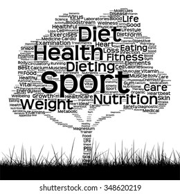 Vektorkonzept oder konzeptionelles schwarzes Gesundheitswortwort Wolke als Baum und Gras einzeln auf weißem Hintergrund, Metapher für Gesundheit, Ernährung, Ernährung, Wellness, Körper, Energie, Medizin, Sport, Herz oder Wissenschaft
