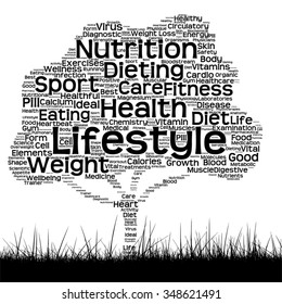 Vector concept or conceptual black health text word cloud as tree and grass isolated on white background metaphor for health, nutrition, diet, wellness, body, energy, medical, sport, heart or science