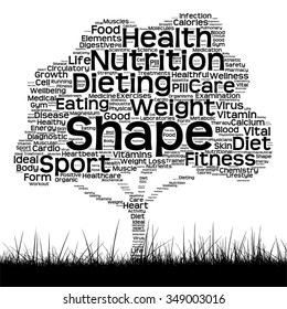 Concepto vectorial o texto conceptual de salud negra palabra nube como árbol y hierba aislados en metáfora de fondo blanco para la salud, nutrición, dieta, bienestar, cuerpo, energía, medicina, deporte, corazón o ciencia