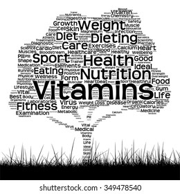 Vector concept or conceptual black health text word cloud as tree and grass isolated on white background metaphor for health, nutrition, diet, wellness, body, energy, medical, sport, heart or science