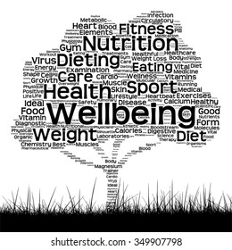 Vector concept or conceptual black health text word cloud as tree and grass isolated on white background metaphor for health, nutrition, diet, wellness, body, energy, medical, sport, heart or science