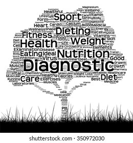 Vector concept or conceptual black health text word cloud as tree and grass isolated on white background metaphor for health, nutrition, diet, wellness, body, energy, medical, sport, heart or science